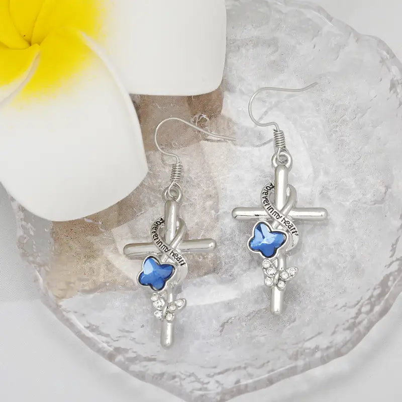 Blue Butterfly Cross Earrings