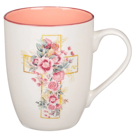 Pink Floral Cross Ceramic Coffee Mug – 12 oz