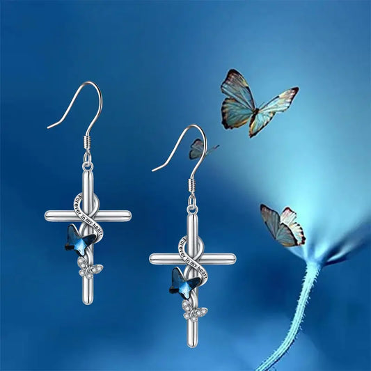 Blue Butterfly Cross Earrings
