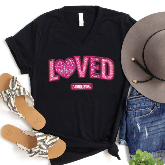 "Loved - John 3:16" Glitter V-Neck Tee
