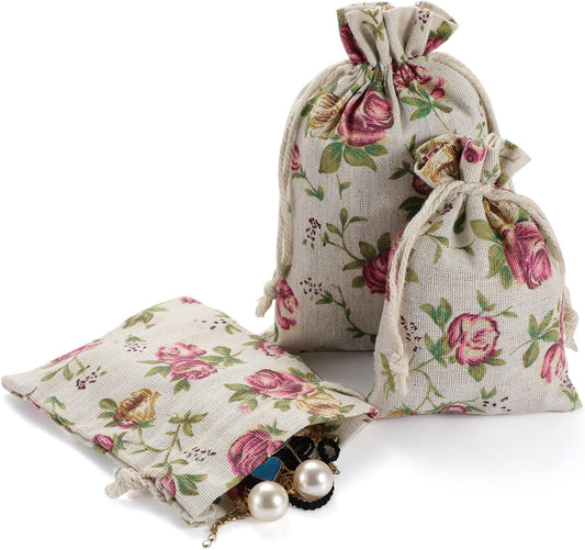 Rose Printed Burlap Bags with Drawstring